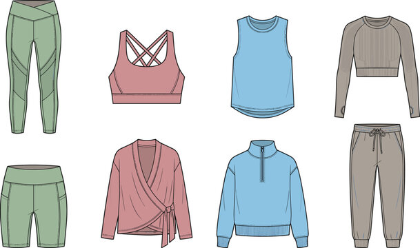 Collection of modern women's activewear and athleisure flat sketches featuring gym clothes and fitness apparel