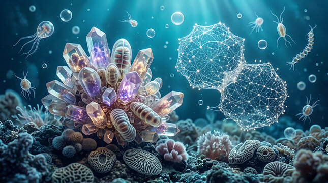 Bioluminescent crystal cluster with microscopic organisms in deep blue ocean underwater
