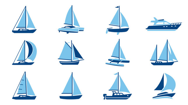 A collection of blue sailboat and yacht vector icons
