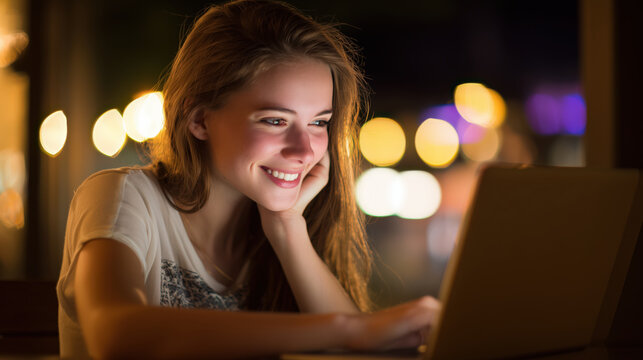 smiling young woman using laptop at night near window with glowing city lights for remote work online study freelance communication cozy lifestyle productivity evening mood digital connection concept