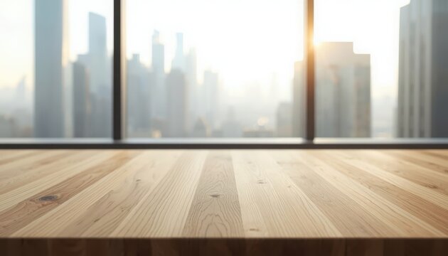 Wooden Table Top Background in Office with Blurred City Skyline View at Sunrise for Product Mockup and Presentation.