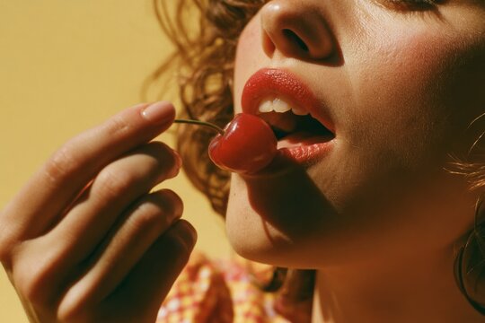 Close-up of a person about to eat a shiny red cherry, highlighting sensuality and summer freshness.