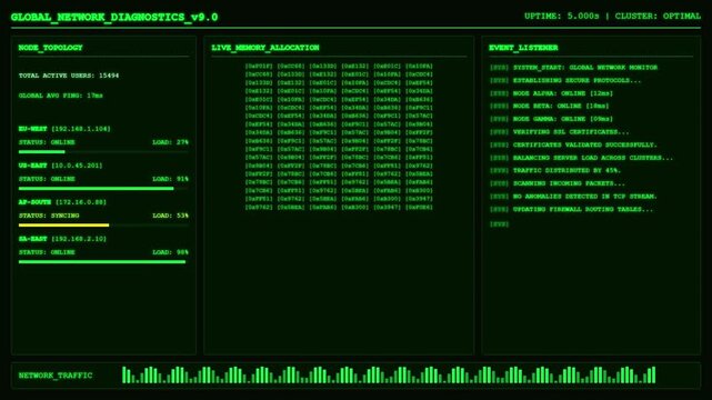 Green Hacker Terminal Computer Network Diagnostics Screen.