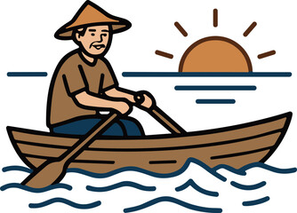 Fisherman in Hat Rows Boat on Water at Sunrise, Asian Tradition © Arif Suyono