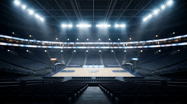 Modern indoor sports arena with illuminated grandstands, dramatic stadium lighting and spacious central court, professional background for presentations and virtual meetings