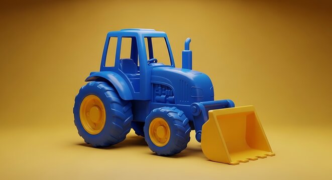 Blue toy tractor with yellow bucket.