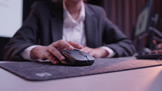 A focused individual operating a computer mouse, showcasing attention to detail and concentration in a professional setting during a digital presentation or work.