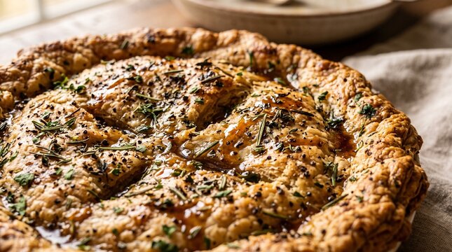 close up Buttery crust with herb flecks (rosemary, thyme, parsley) and cracked black pepper, tiny streaks of pan jus shining in the crevices
