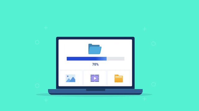 Modern flat vector animation of a laptop displaying a folder organization interface with image, document, and file icons alongside a progress bar. Ideal for file management, software, and web technolo