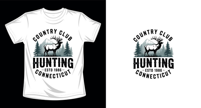 Hunting emblem with elk standing in forest landscape for vintage apparel print and rustic outdoor themed graphic design.