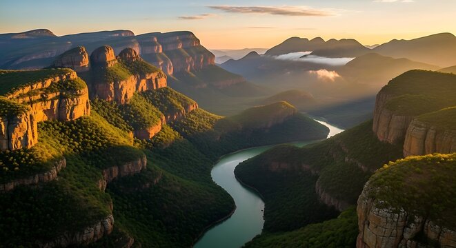 Blyde River Canyon landscape at sunrise with winding river and green cliffs in South Africa.