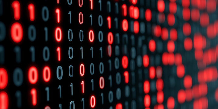 Abstract digital background with rows of glowing red and blue binary code numbers on a dark screen.