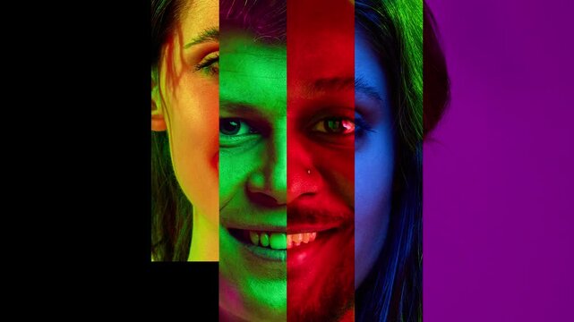 Animation of split portrait combining different people into single face. Concept of identity, diversity, inclusion, equality, representation and modern community campaigns.
