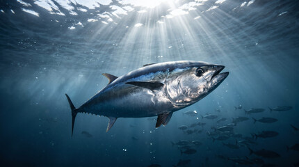 Fototapeta premium Majestic bluefin tuna swimming in deep blue ocean water
