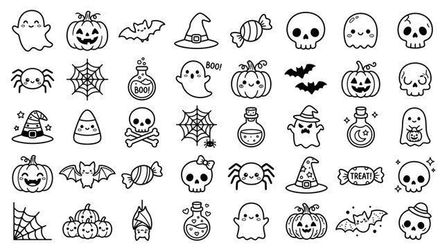 Black and white Halloween icons set.