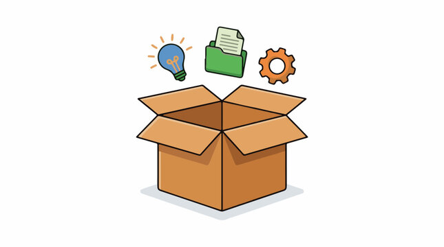 A cartoon-style illustration of a brown cardboard box with its flaps open, surrounded by floating symbols