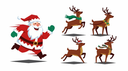 Fototapeta premium Flat Style Santa Claus Running Left with Group of Reindeer, Festive Christmas Holiday Vector Illustration with Copy Space Beside Elements