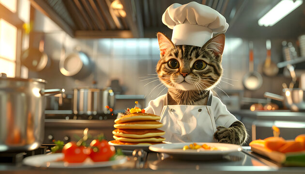 Cat working as chef in professional kitchen flipping pancakes creates humorous charming detailed playful energetic atmosphere generative AI