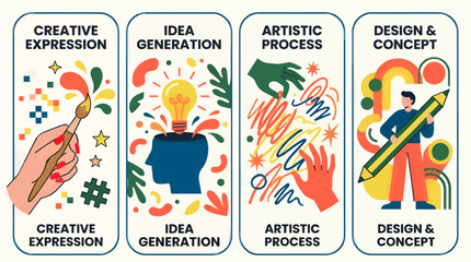 Flat Vector Illustration of Creative Process Sections: Idea Generation, Artistic Expression, and Design Concept with Icons and Abstract Elements, Divided into Four Vertical Panels © Zidan