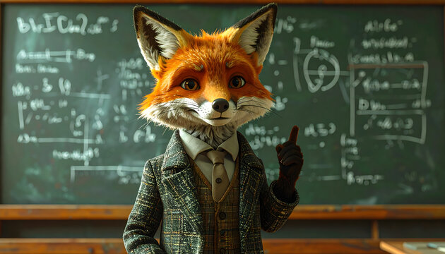 Fox acting as university professor explaining complex equations creates academic intelligent serious humorous professional atmosphere generative AI