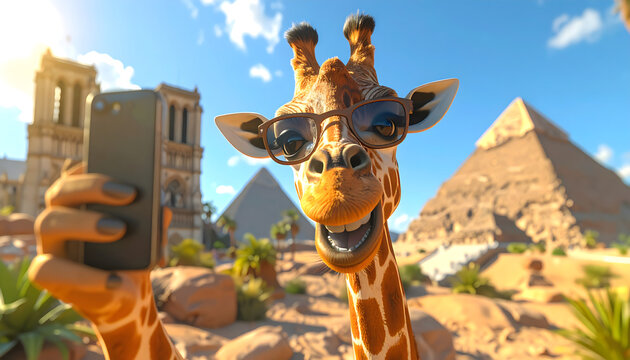 Giraffe taking a selfie in front of famous landmarks creates bright travel humorous playful vibrant atmosphere generative AI