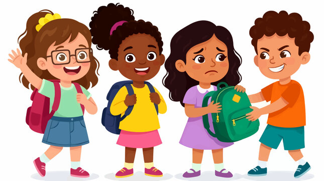 Flat vector illustration of diverse children with backpacks, one boy teasing another girl by reaching for her bag, depicting school bullying concept.