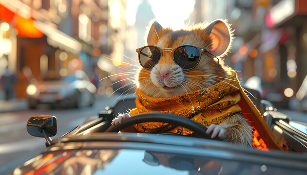 Hamster driving tiny convertible car through city streets creates playful bright joyful humorous cheerful atmosphere generative AI