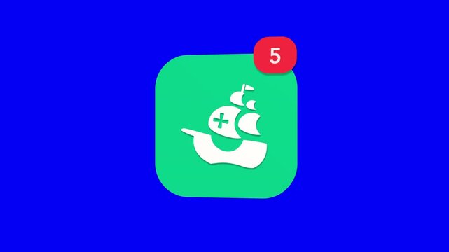 A 3D historical wooden caravel sailing ship with cross symbols on sails inspired by Christopher Columbus notification icon popping up and rotating on a blue screen chroma key background with a red num