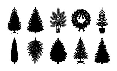 Fototapeta premium Christmas Tree Silhouette Set Featuring Assorted Pine Fir Conifer Shapes And Holiday Decorative Wreaths For Seasonal Winter Celebration Design Graphic