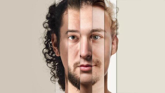 Split male stop motion portrait showing mixed faces and different appearances in clean studio style. Concept of identity, diversity, individuality, gender expression, inclusion and human uniqueness.