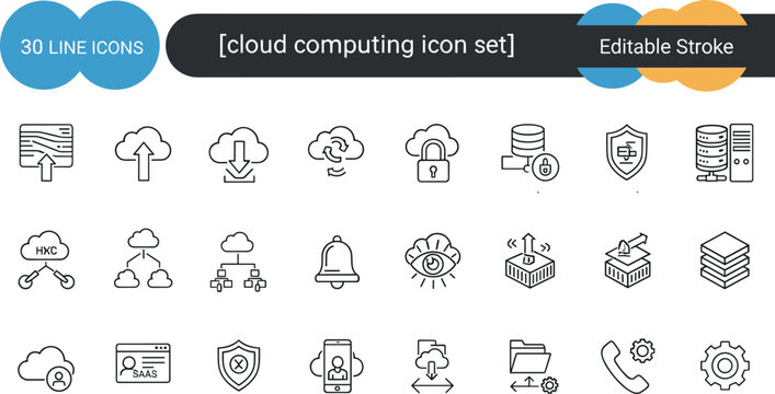 Cloud computing icon set with data storage, cloud security, SaaS, server infrastructure, backup, sync and network system symbols