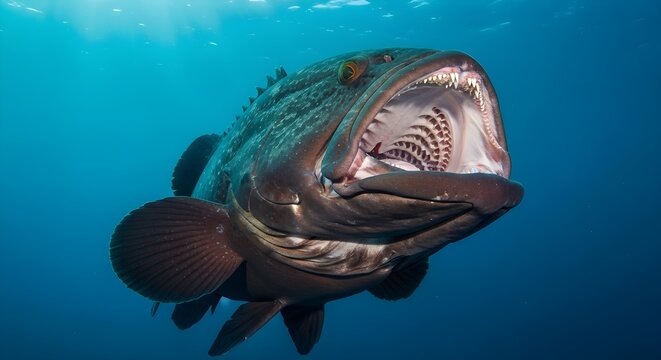 Close-up of a large grouper fish swimming in clear blue ocean water with its massive mouth wide open, displaying rows of sharp teeth and inner gill structures under sunlight.