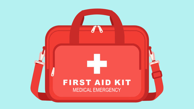 Bright medical first aid kit illustration for emergency care, healthcare services, safety campaigns and medical training materials.
