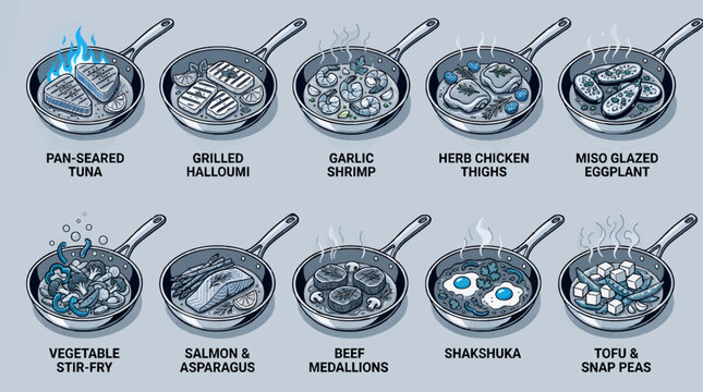 Stylized Line Art Vector Illustrations of Diverse Dishes Cooking in Frying Pans, Tuna, Halloumi, Shrimp, Chicken, Eggplant, Stir-fry, Salmon, Beef, Shakshuka, Tofu Peas