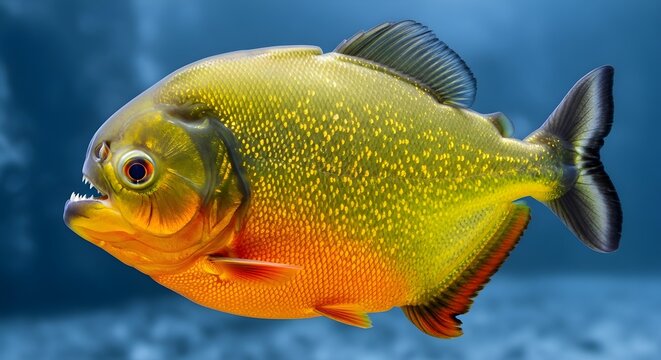 Close-up side profile of a red-bellied piranha with sharp teeth, vibrant orange scales on its belly, and detailed yellow speckled skin swimming in clear blue underwater environment.