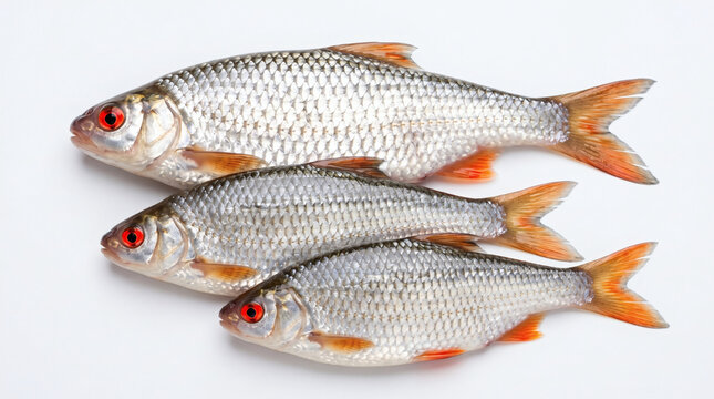 Three fresh common roach fish on white background