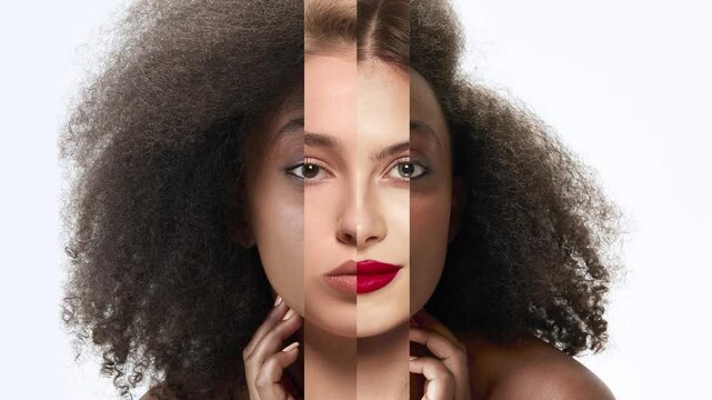 Beauty animation portrait with split skin tones and red lipstick on clean background. Concept of beauty diversity, skin tone comparison, makeup advertising, inclusion and cosmetic campaign.
