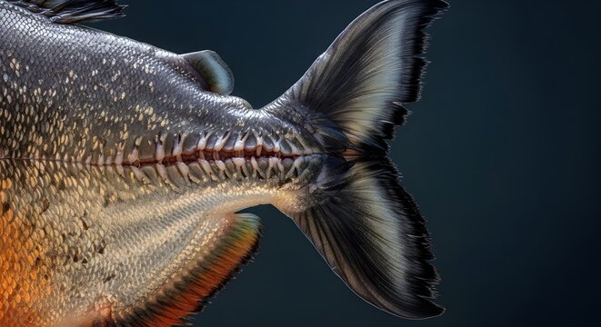 Detailed close-up of a fish showing iridescent scales, a serrated lateral line feature resembling sharp teeth, and a dark caudal fin against a dark studio background.