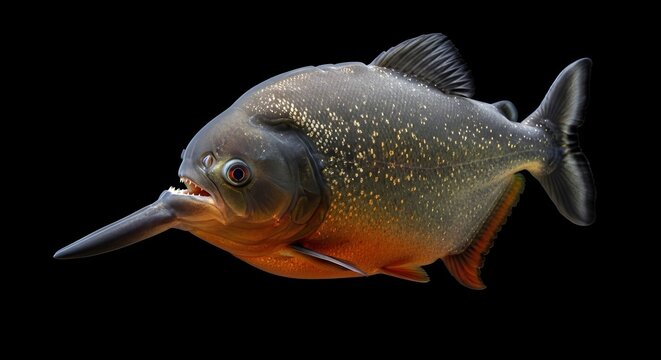 Detailed digital illustration of a hybrid predatory fish with a long needle-like snout, sharp piranha teeth, orange underbelly, and shimmering silver scales on a black background.