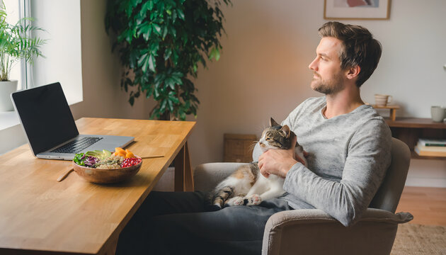 Buddha bowl beside laptop while person rests with cat captures peaceful mindful relaxed nourishing midday atmosphere generative AI
