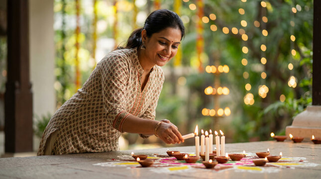 Indian woman lighting candles on colorful rangoli pattern during festival warm evening garden warm golden evening light