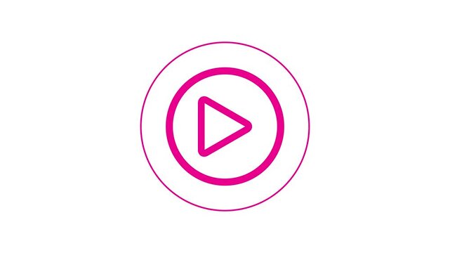 Minimalist pink play button animation pulsing on white background for media video player.