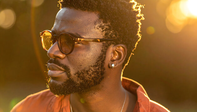 Young African American man standing in morning backlight creating a thoughtful calm serene handsome immersive beautiful cinematic warm portrait photograph generative AI