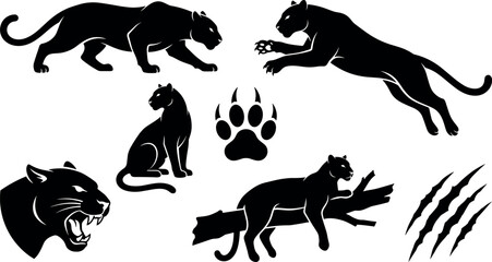Black Panther and Jaguar Silhouette Set with Roaring Head Paw Print and Scratch Marks for Sports Team Mascot and Wildlife Graphic Designs © Shareful
