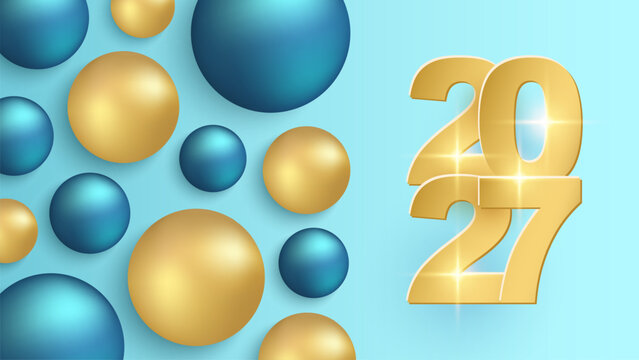 2027 New Year holiday banner with gold and blue colored Christmas Balls. Vector illustration.	