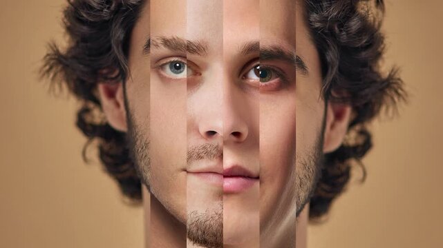 Stop motion portrait animation with sliced male face and changing identity. Concept of diversity, individuality, gender expression, transformation and inclusive campaigns.