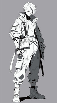 Anime Style Character with Cybernetic Arm and Techwear Outfit