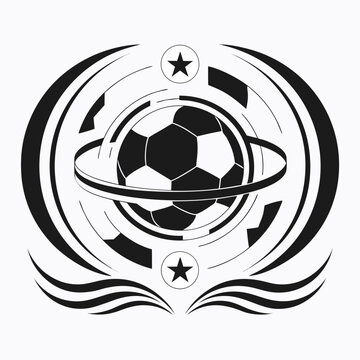 Soccer ball emblem with orbiting ring and surrounding abstract shapes during a game Isolated on white background