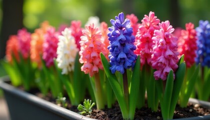 Obraz premium Blooming garden of multicolored hyacinths in a large planter, indoor plants, purple