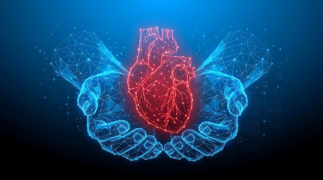 A glowing red heart is cradled in a pair of blue wireframe hands on a dark blue background with a futuristic design and digital aesthetic